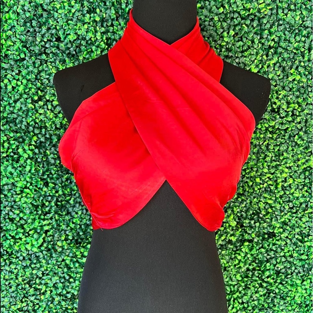 Red Satin Halter Crossover Top $23